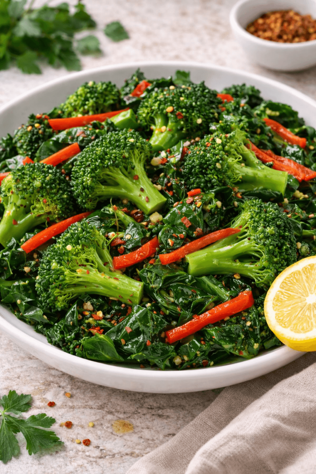 Steamed Broccoli with Collard Greens and Red Pepper